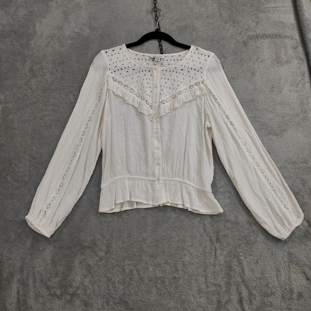 American Eagle Blouse M Cream Boho Peasant Top Swiss Dot Eyelet Button Crochet